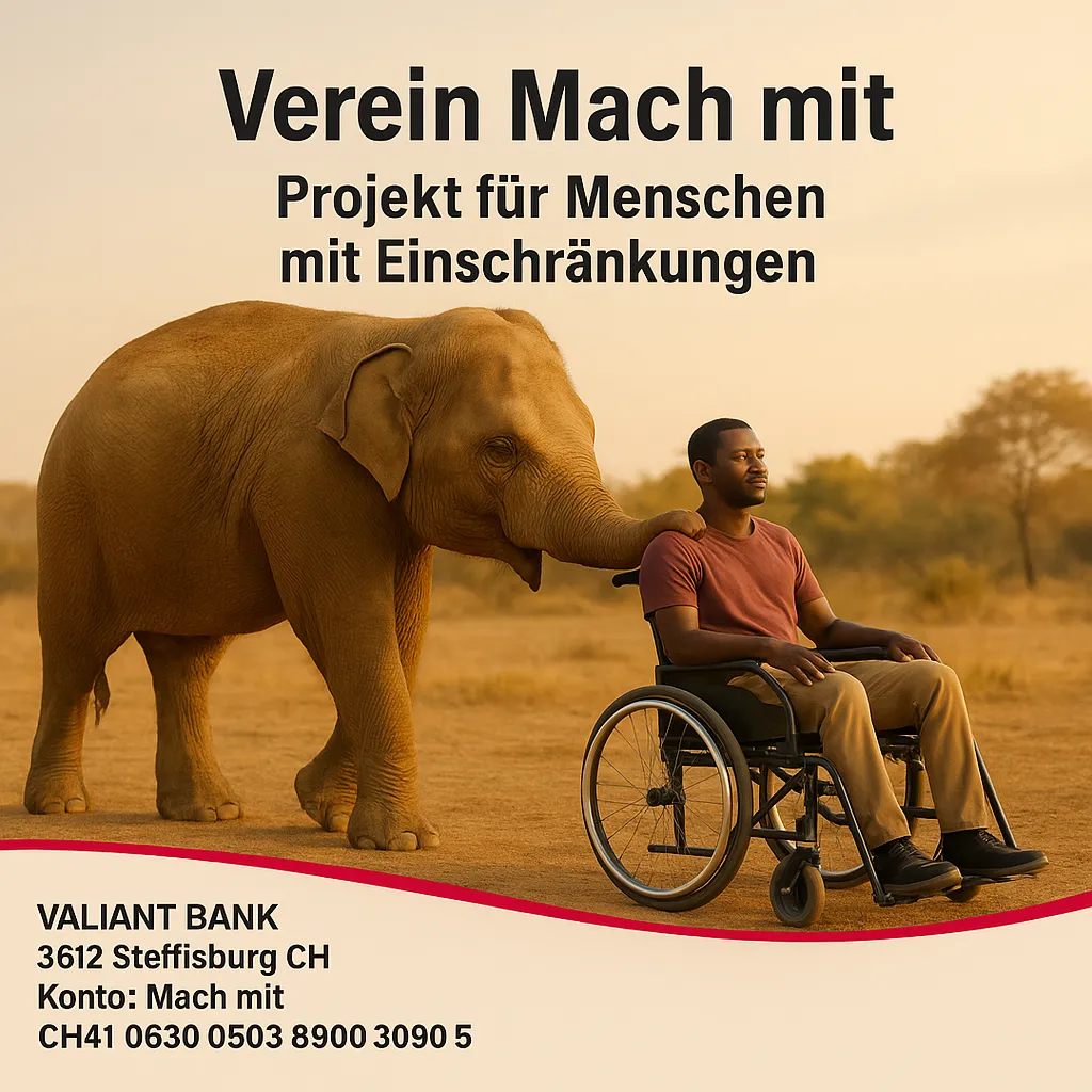 Elefant mit Person im Rollstuhl