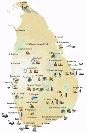 Illustrierte Karte Sri Lankas mit Sehenswürdigkeiten